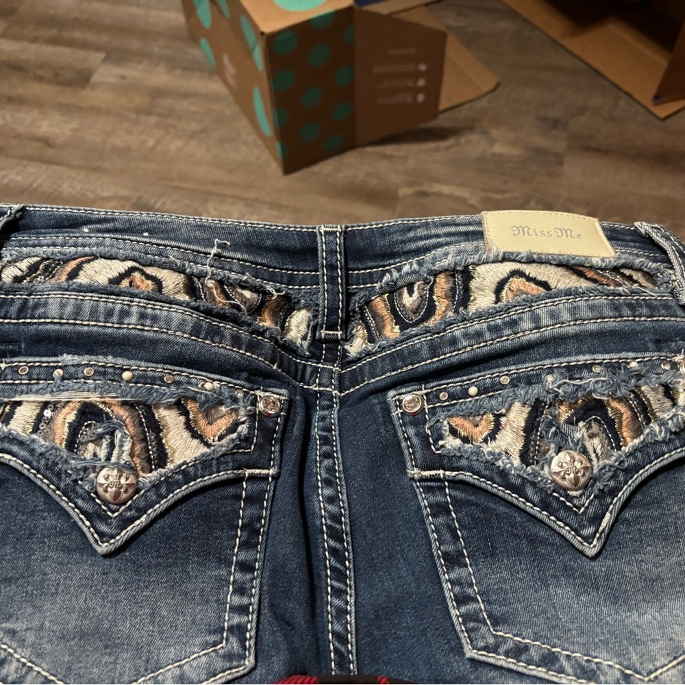 Miss Me Boot Cut Jeans with Embroidered Animal Pocket Accents - Blue, Tan, Cream
